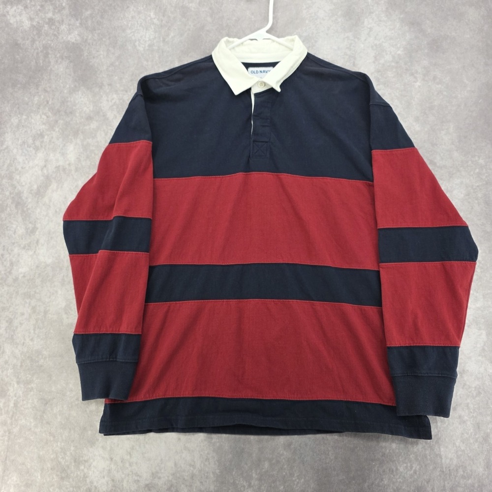 Old Navy Rugby Shirt Mens XL Red Navy Blue Striped Long Sleeve Polo Collar Heavy